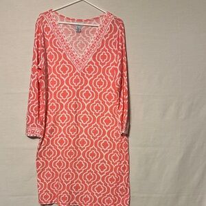 Caribbean Joe Coral Patterned Long Sleeve Dress